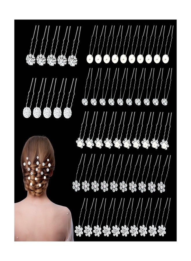 YINGFENG 60 Pcs 7 Styles Silver Bridal Wedding Hair Pins, YINGFENG Flower Hair Clips for Women, U Shaped Crystal Pearl Hair Clips, Suitable for Brides, Bridesmaids, Women's Wedding Hair Accessories - Image 1